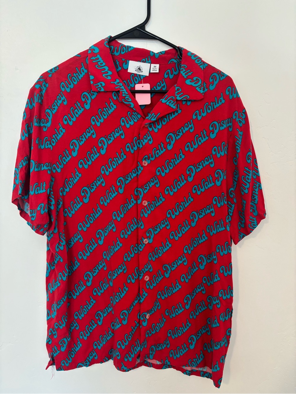 Disney Red Short-Sleeve Button-Up with Teal Script